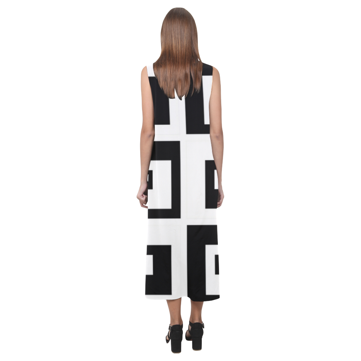 Black & White Cubes Phaedra Sleeveless Open Fork Long Dress (Model D08)
