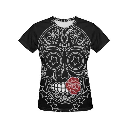 Sugar Skull Red Rose All Over Print T-Shirt for Women (USA Size) (Model T40)