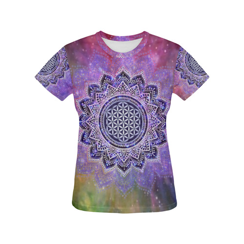 Flower Of Life Lotus Of India Galaxy Colored All Over Print T-Shirt for Women (USA Size) (Model T40)
