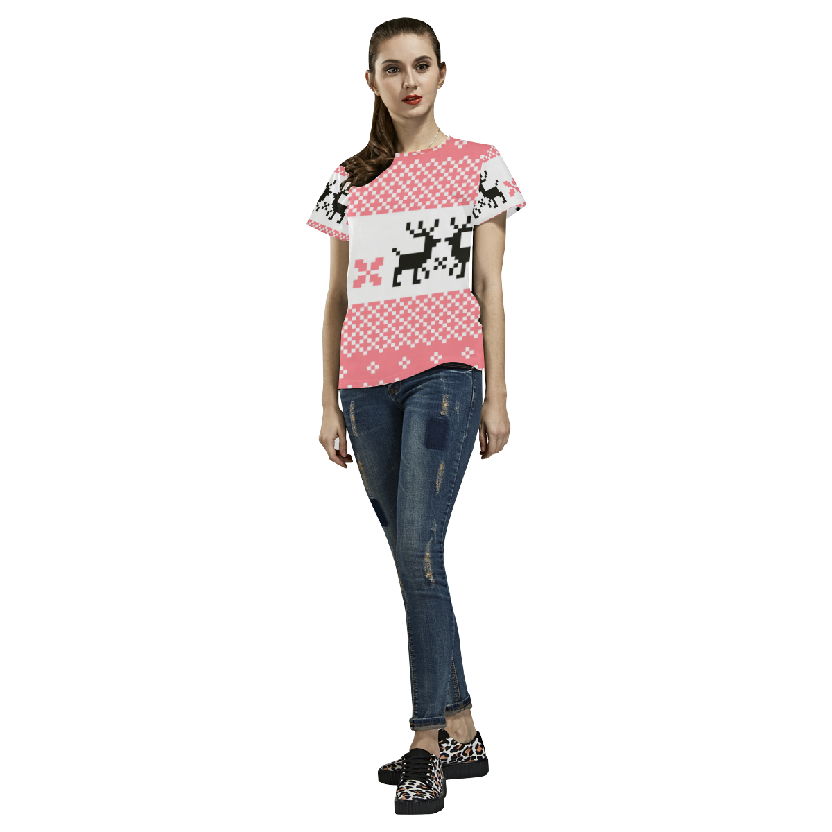 Designers t-shirt : NORDIC Animals pink pattern All Over Print T-Shirt for Women (USA Size) (Model T40)