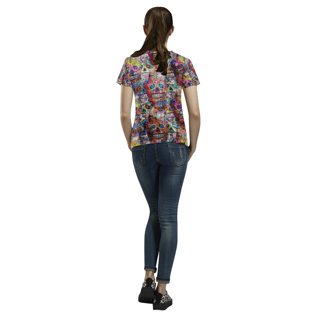 Colorfully Flower Power Skull Grunge Pattern All Over Print T-Shirt for Women (USA Size) (Model T40)