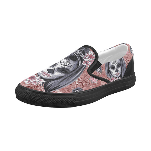 Skull Of A Pretty Flowers Lady Pattern Women's Slip-on Canvas Shoes (Model 019)