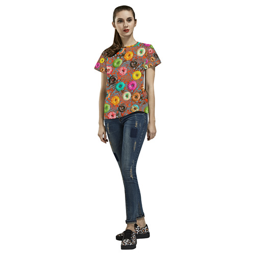 Colorful Yummy Donuts Hearts Ornaments Pattern All Over Print T-Shirt for Women (USA Size) (Model T40)