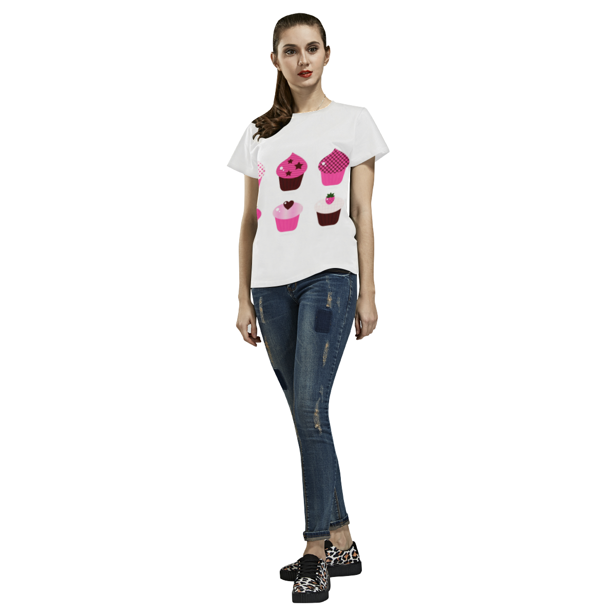 Vintage t-shirt with Muffins / PINK WHITE All Over Print T-Shirt for Women (USA Size) (Model T40)