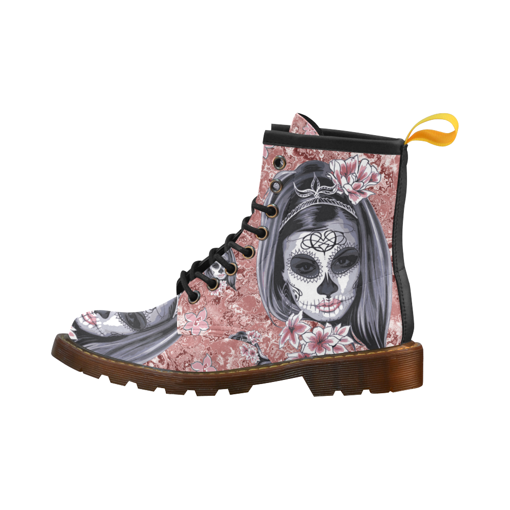 Skull Of A Pretty Flowers Lady Pattern High Grade PU Leather Martin Boots For Women Model 402H