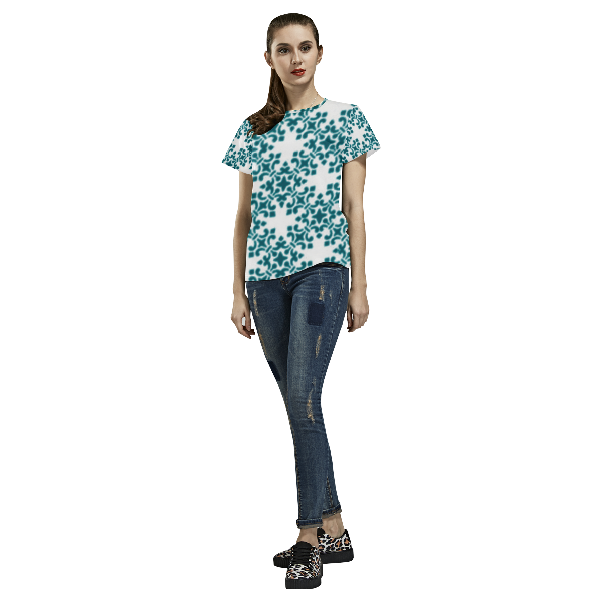 Turquoise Damask All Over Print T-Shirt for Women (USA Size) (Model T40)
