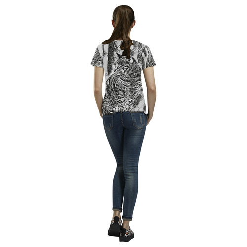 Black White Drawing of a CAT All Over Print T-Shirt for Women (USA Size) (Model T40)