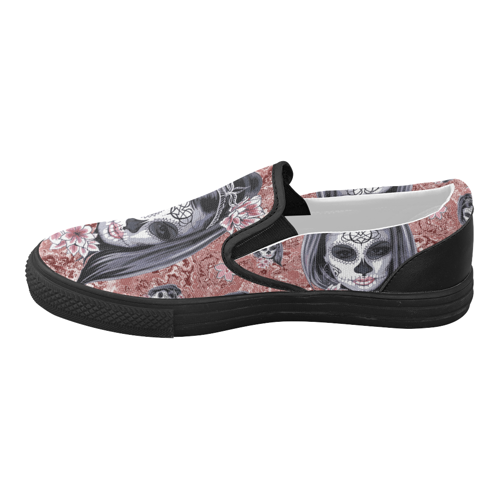 Skull Of A Pretty Flowers Lady Pattern Women's Slip-on Canvas Shoes (Model 019)