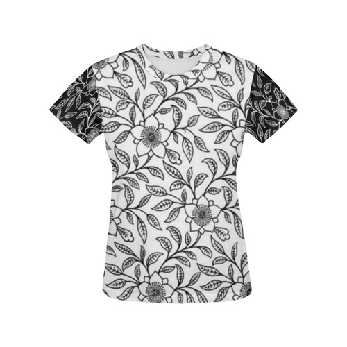 Vintage Lace Floral Black All Over Print T-Shirt for Women (USA Size) (Model T40)