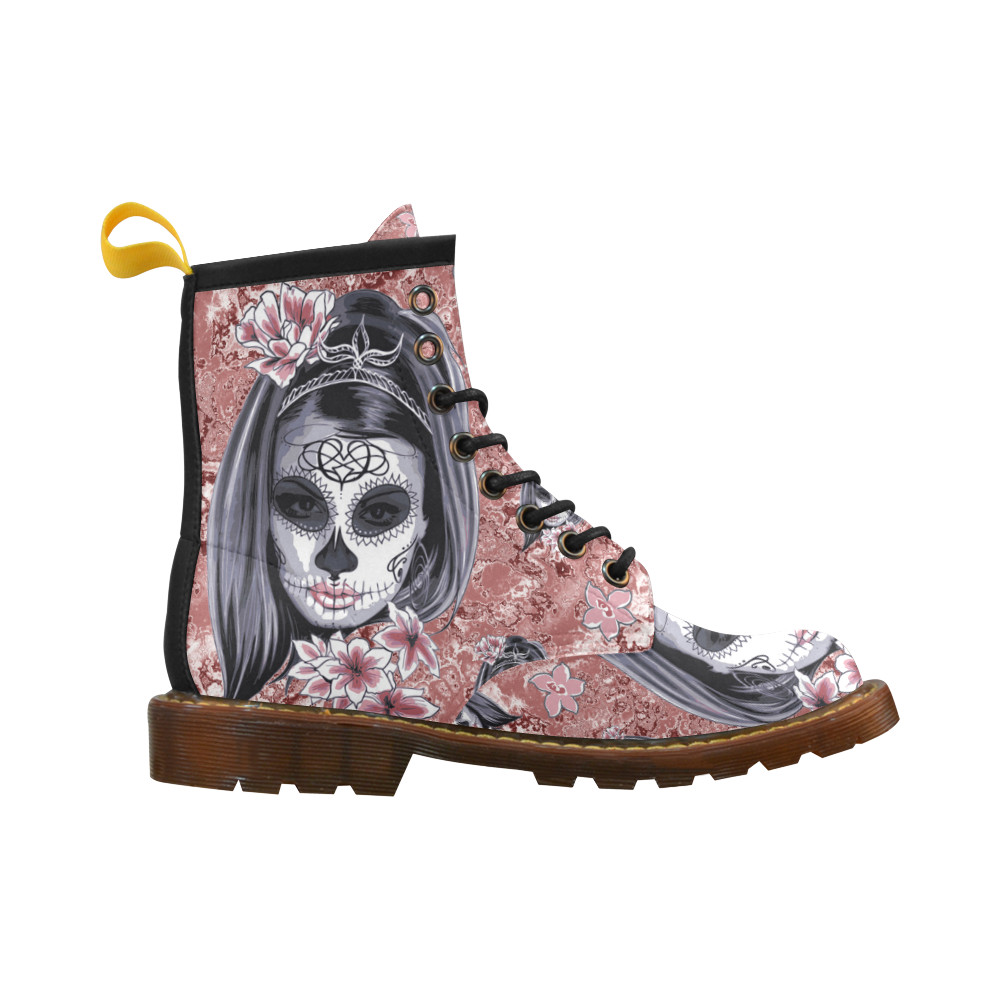 Skull Of A Pretty Flowers Lady Pattern High Grade PU Leather Martin Boots For Women Model 402H