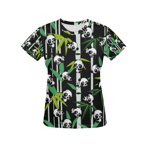 Satisfied and Happy Panda Babies on Bamboo All Over Print T-Shirt for Women (USA Size) (Model T40)