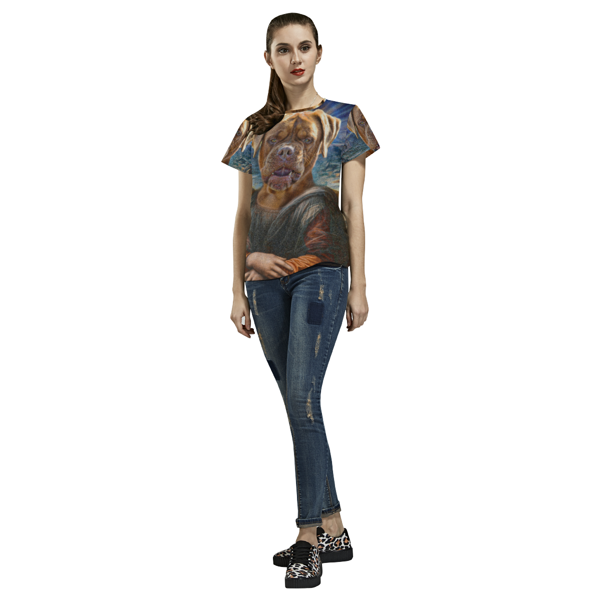 Funny Art BULLDOG MONA LISA All Over Print T-Shirt for Women (USA Size) (Model T40)