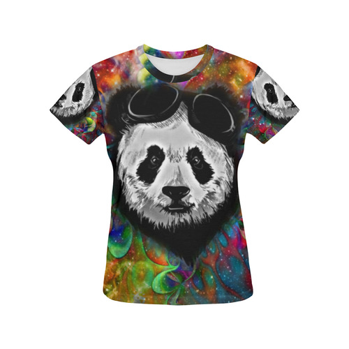 Psychedelic Flower Power Galaxy PANDA Painting All Over Print T-Shirt for Women (USA Size) (Model T40)