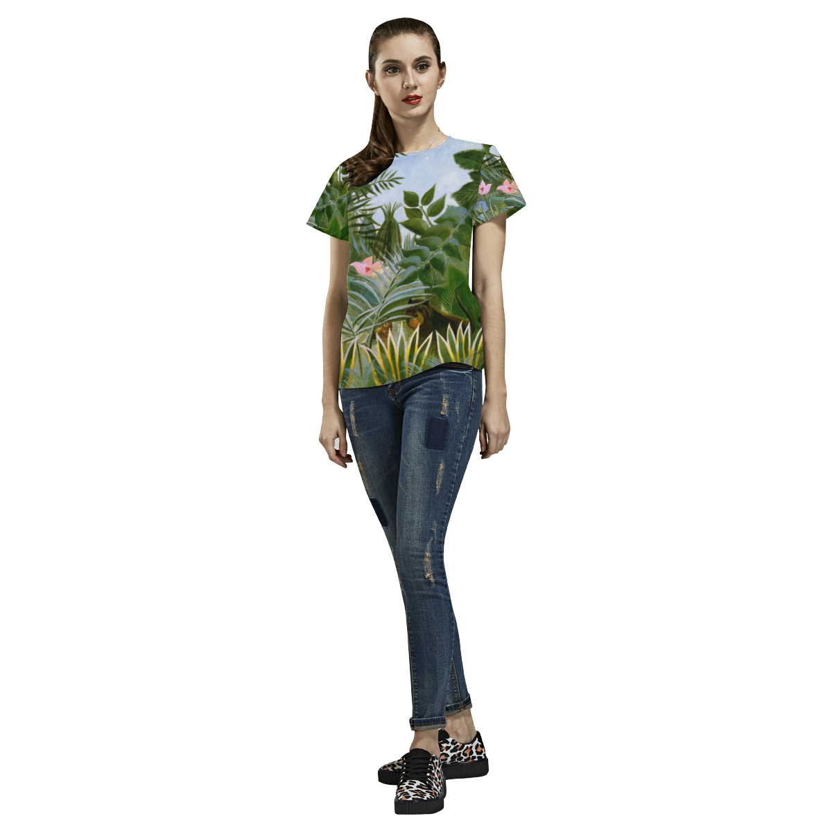 Tropical Jungle Animals Flowers Rousseau All Over Print T-Shirt for Women (USA Size) (Model T40)