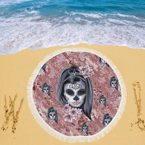 Skull Of A Pretty Flowers Lady Pattern Circular Beach Shawl 59"x 59"