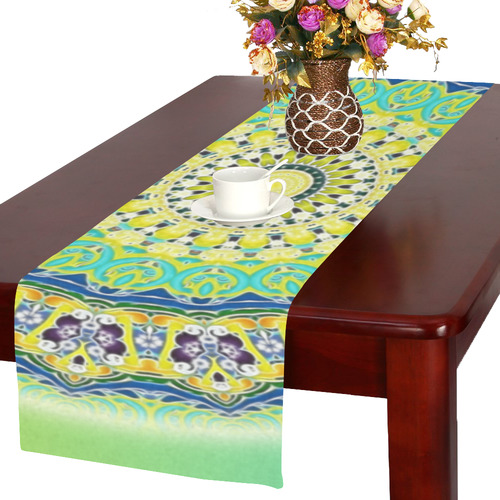 Power Mandala - Blue Green Yellow Lilac Table Runner 16x72 inch