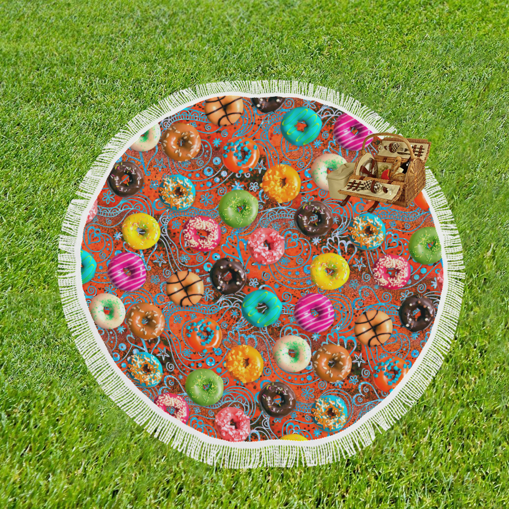 Colorful Yummy Donuts Hearts Ornaments Pattern Circular Beach Shawl 59"x 59"