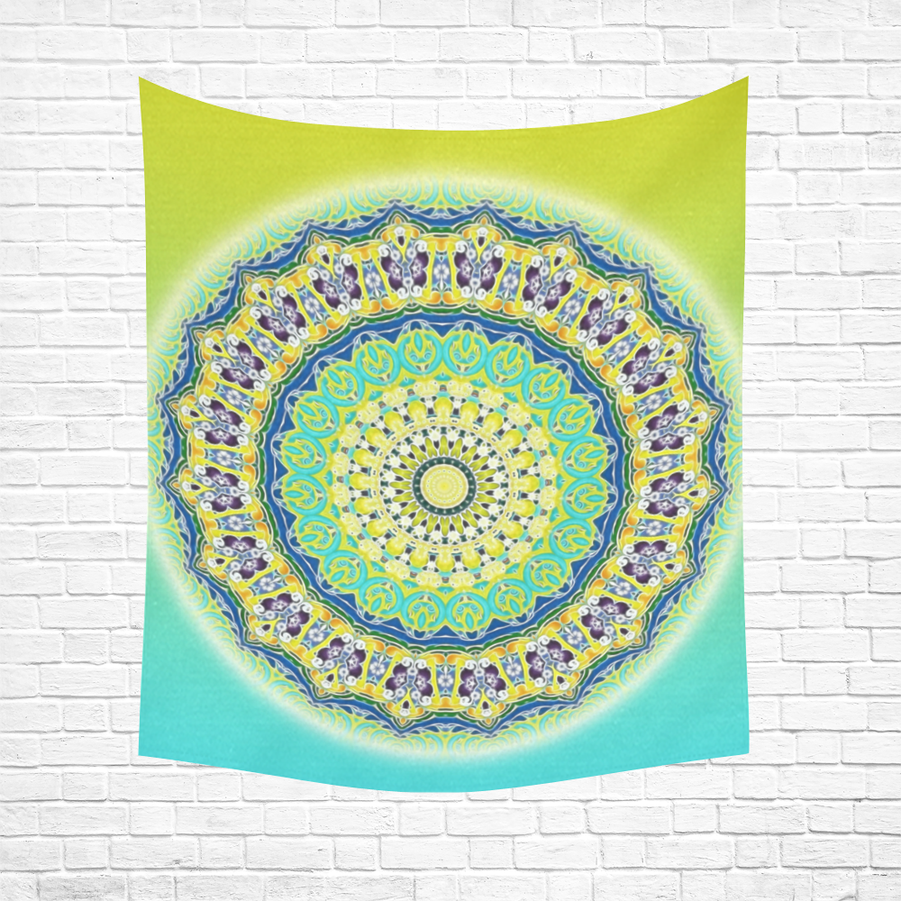 Power Mandala - Blue Green Yellow Lilac Cotton Linen Wall Tapestry 51"x 60"