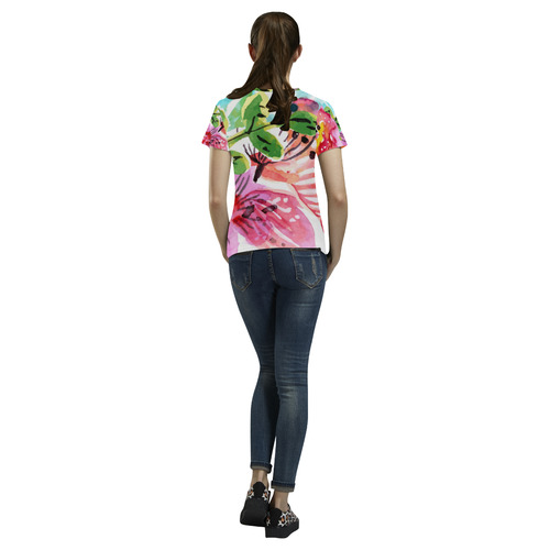 Cute Pink Watercolor Floral Landscape All Over Print T-Shirt for Women (USA Size) (Model T40)