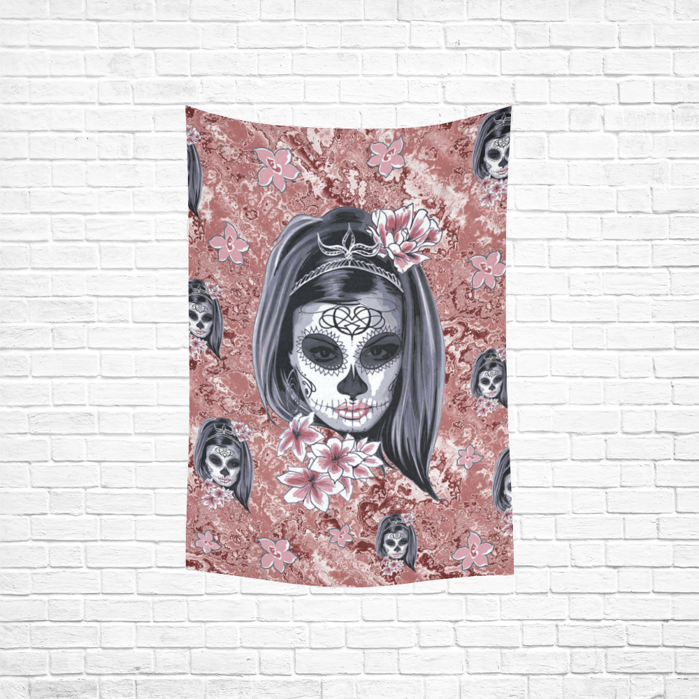Skull Of A Pretty Flowers Lady Pattern Cotton Linen Wall Tapestry 40"x 60"