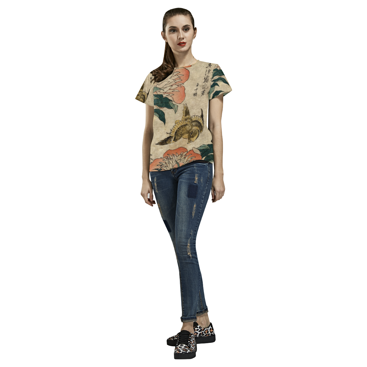 Hokusai Peony Canary Japanese Woodblock All Over Print T-Shirt for Women (USA Size) (Model T40)