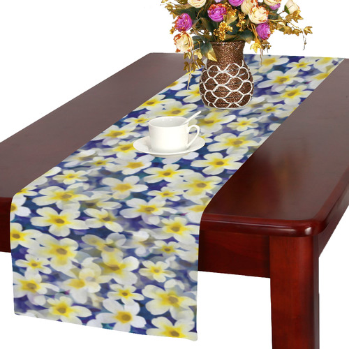 Summer Flowers Pattern White Blue Table Runner 16x72 inch