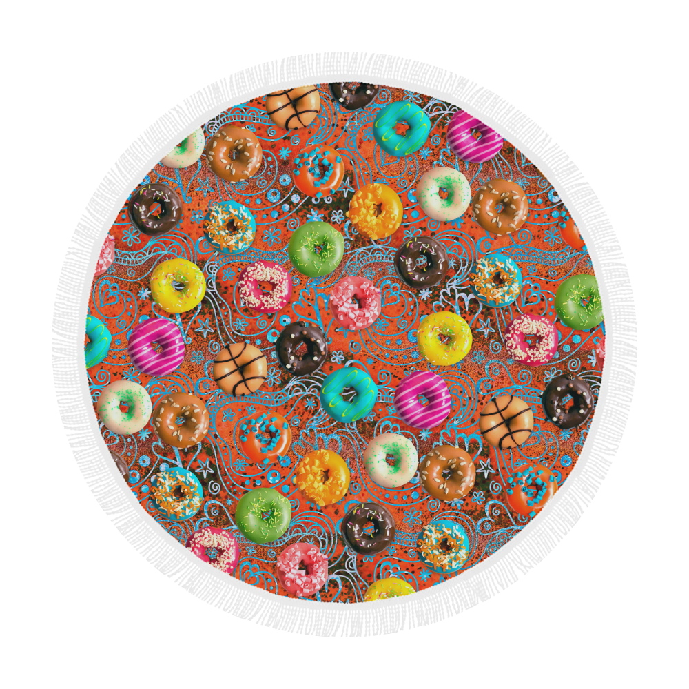 Colorful Yummy Donuts Hearts Ornaments Pattern Circular Beach Shawl 59"x 59"