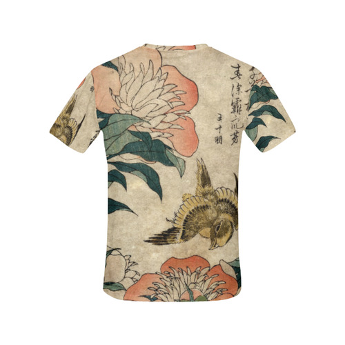 Hokusai Peony Canary Japanese Woodblock All Over Print T-Shirt for Women (USA Size) (Model T40)