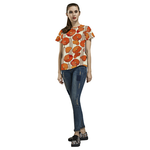 Red Poppies Vintage Art Deco Floral All Over Print T-Shirt for Women (USA Size) (Model T40)