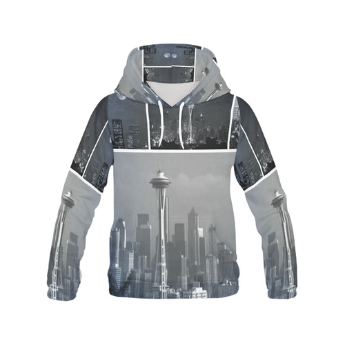Grey Seattle Space Needle Collage All Over Print Hoodie for Women (USA Size) (Model H13)