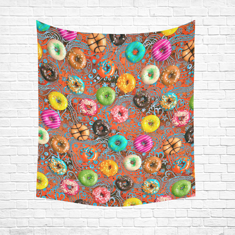 Colorful Yummy Donuts Hearts Ornaments Pattern Cotton Linen Wall Tapestry 51"x 60"