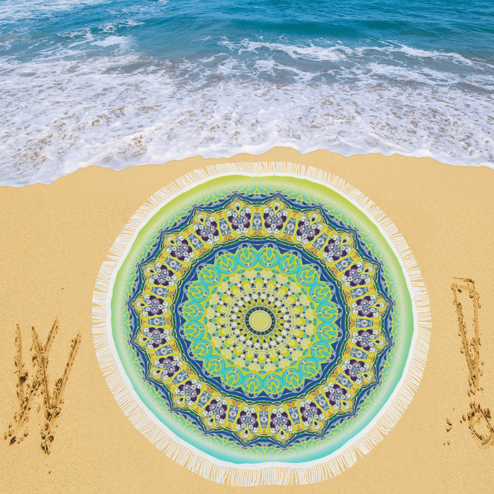 Power Mandala - Blue Green Yellow Lilac Circular Beach Shawl 59"x 59"