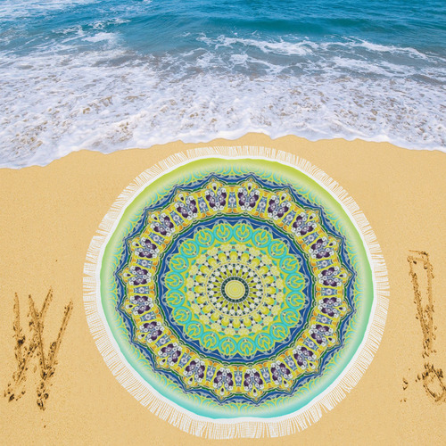Power Mandala - Blue Green Yellow Lilac Circular Beach Shawl 59"x 59"