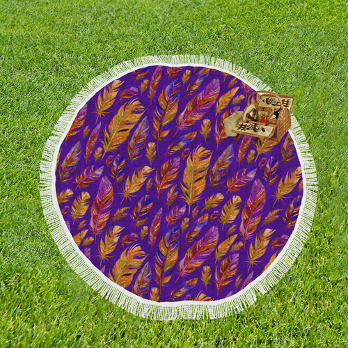 Watercolor Feathers And Dots Pattern Purple Circular Beach Shawl 59"x 59"