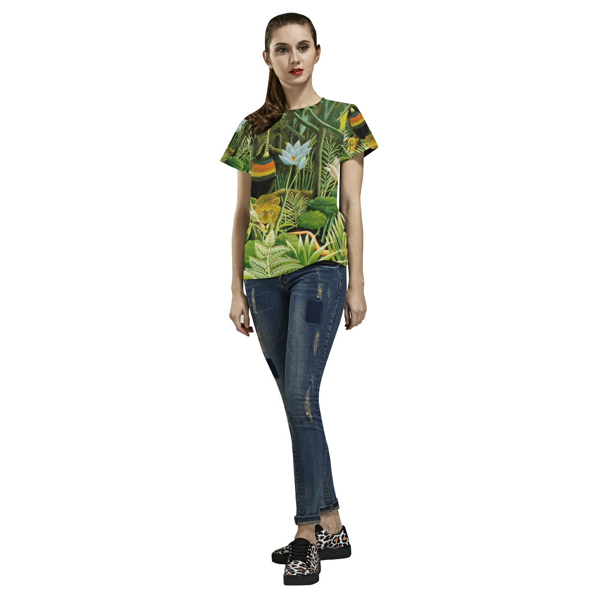 The Dream Henri Rousseau Jungle Animals Flowers All Over Print T-Shirt for Women (USA Size) (Model T40)