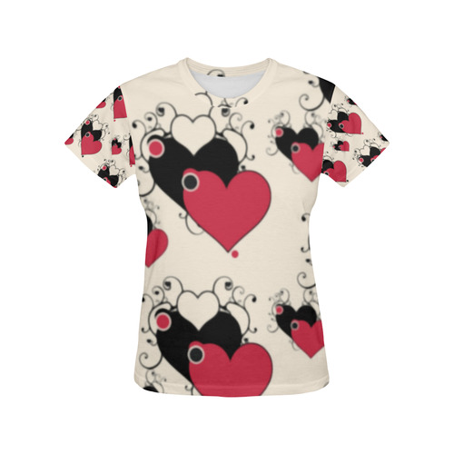 Red Black Valentine Hearts Pattern All Over Print T-Shirt for Women (USA Size) (Model T40)