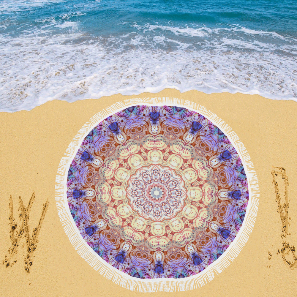 Watercolor Mandala Grunge - Magenta Blue Yellow Circular Beach Shawl 59"x 59"