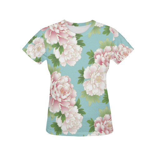 Pink Peonies Vintage Japanese Floral Kimono All Over Print T-Shirt for Women (USA Size) (Model T40)