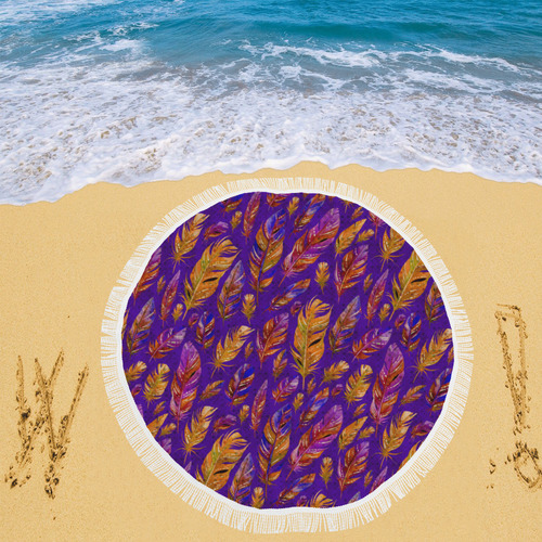 Watercolor Feathers And Dots Pattern Purple Circular Beach Shawl 59"x 59"