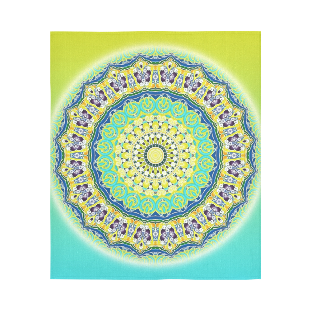 Power Mandala - Blue Green Yellow Lilac Cotton Linen Wall Tapestry 51"x 60"