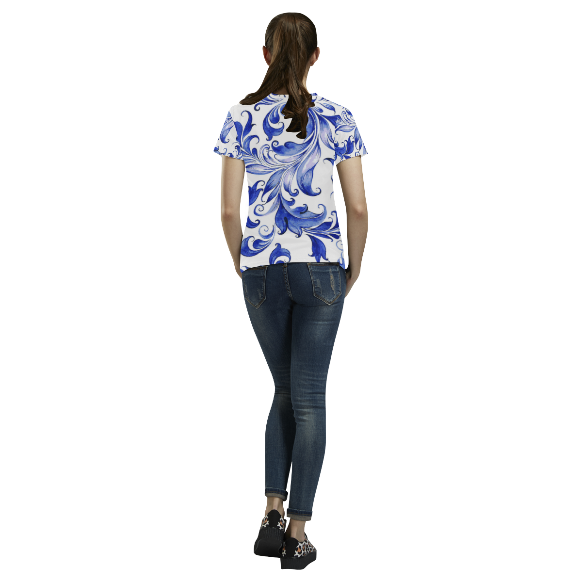 Blue White Porcelain Floral Pattern All Over Print T-Shirt for Women (USA Size) (Model T40)