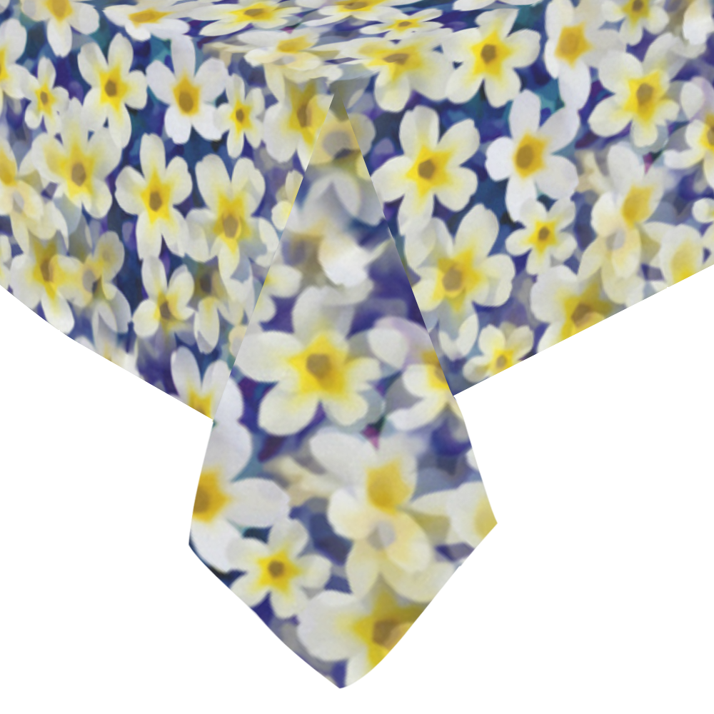 Summer Flowers Pattern White Blue Cotton Linen Tablecloth 60"x 84"