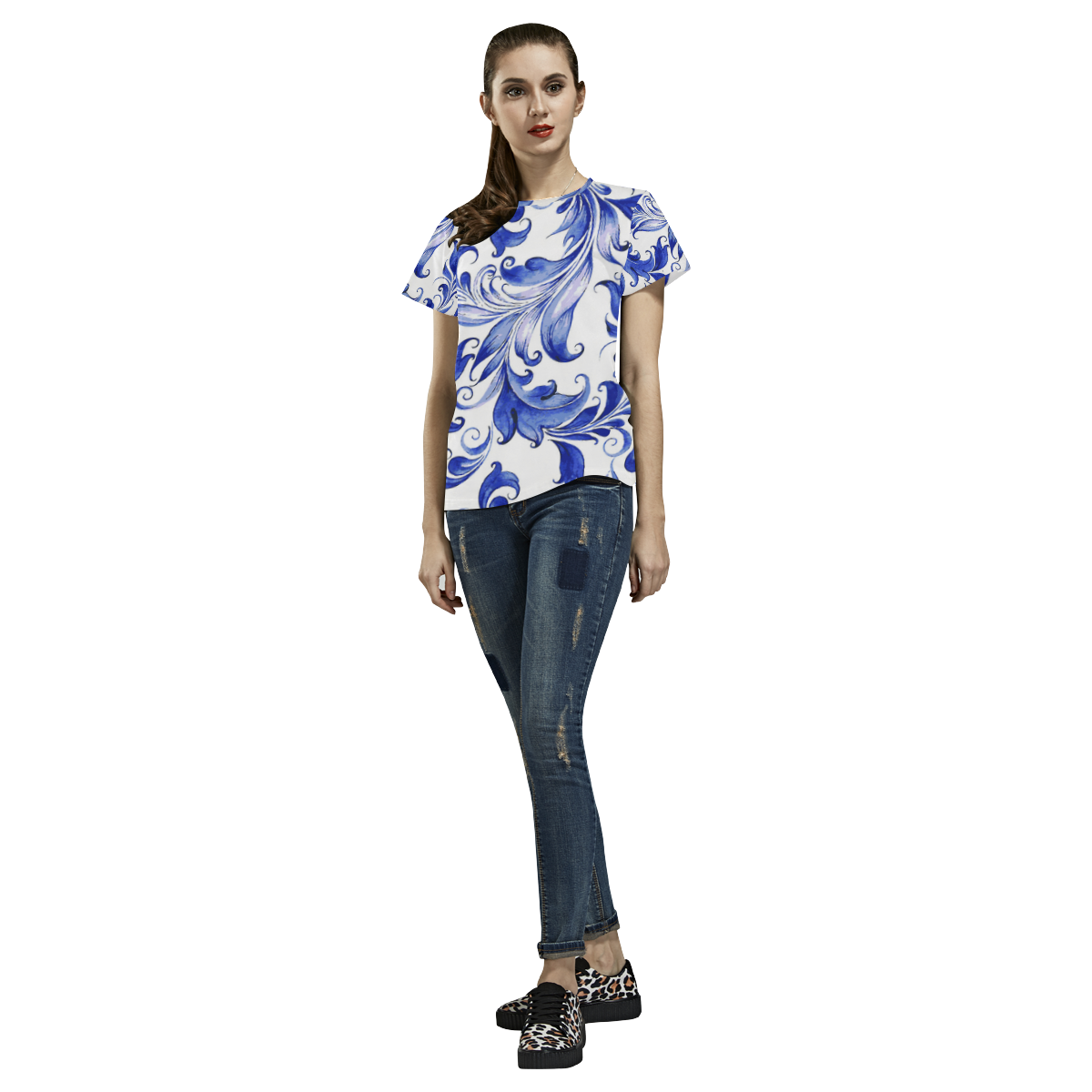 Blue White Porcelain Floral Pattern All Over Print T-Shirt for Women (USA Size) (Model T40)