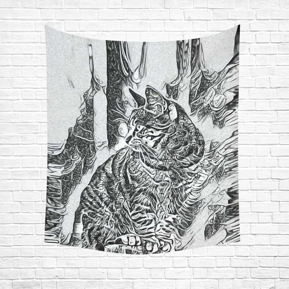 Black White Drawing of a CAT Cotton Linen Wall Tapestry 51"x 60"