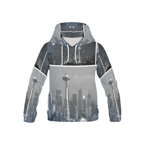 Grey Seattle Space Needle Collage All Over Print Hoodie for Kid (USA Size) (Model H13)