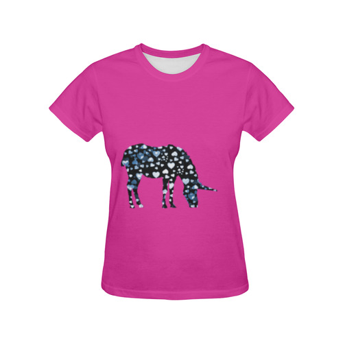 unicorn hearts blue on Pink All Over Print T-Shirt for Women (USA Size) (Model T40)