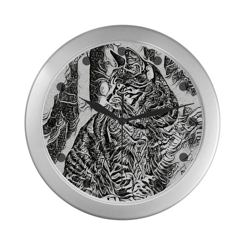 Black White Drawing of a CAT Silver Color Wall Clock