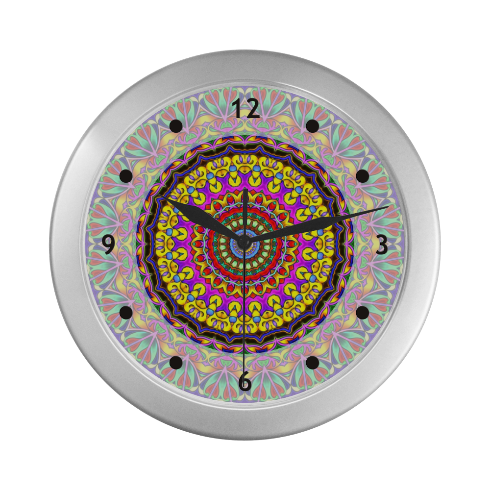 Oriental Watercolor Mandala multicolored h Silver Color Wall Clock