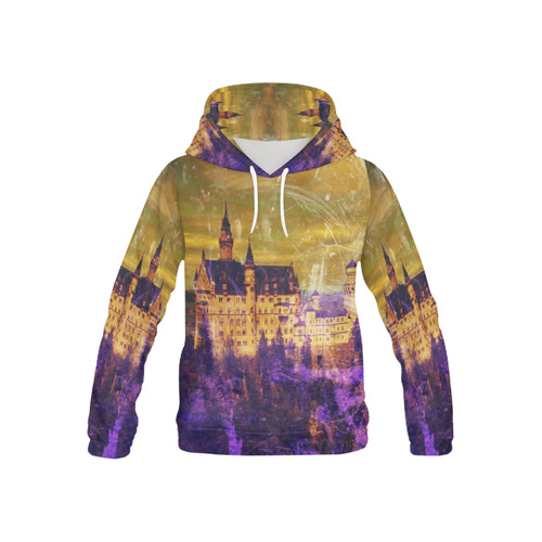 Yellow Purple Neuschwanstein Castle All Over Print Hoodie for Kid (USA Size) (Model H13)