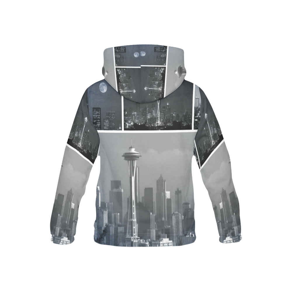 Grey Seattle Space Needle Collage All Over Print Hoodie for Kid (USA Size) (Model H13)